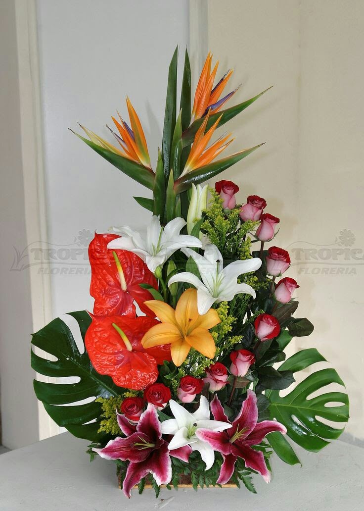 mixed tropical flower arrangement