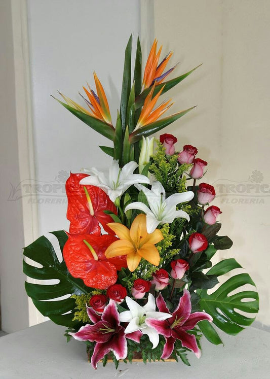 mixed tropical flower arrangement